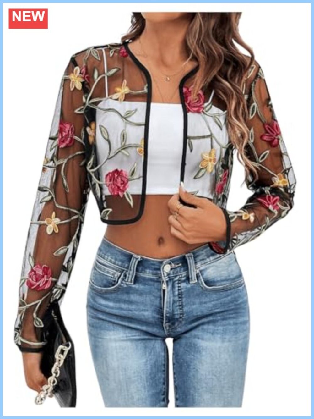 Floral Embroidered Sheer Mesh Open Front Crop Cardigan Long Sleeve